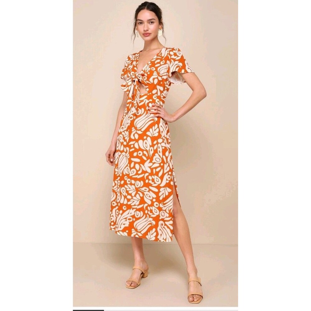 Energetic Charm Rust Orange Abstract Tie-Front Midi Dress Size L NWT